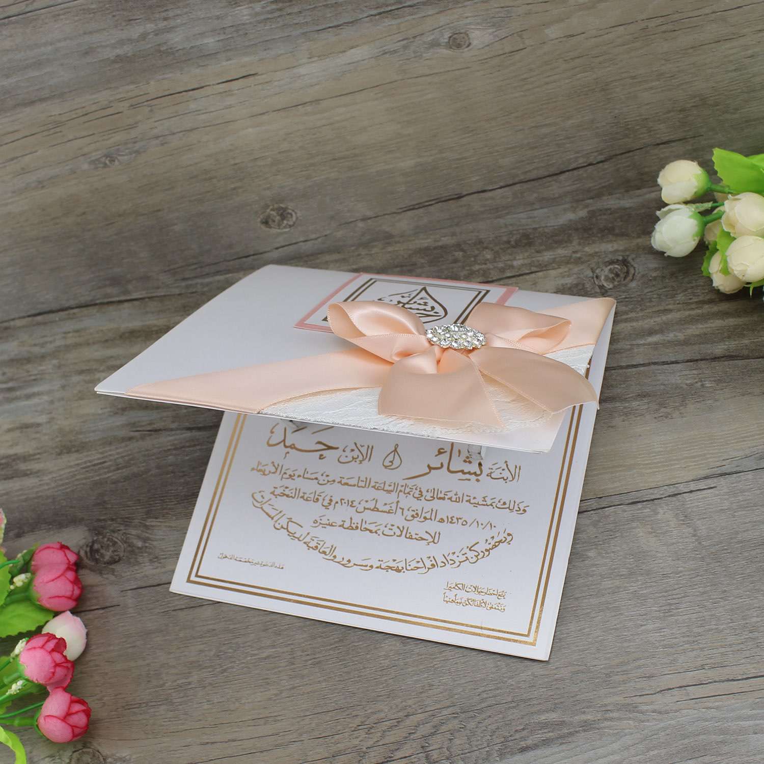 Lace Invitation with Ribbon Bow Wedding Invitation Card Customized Foil Printing 